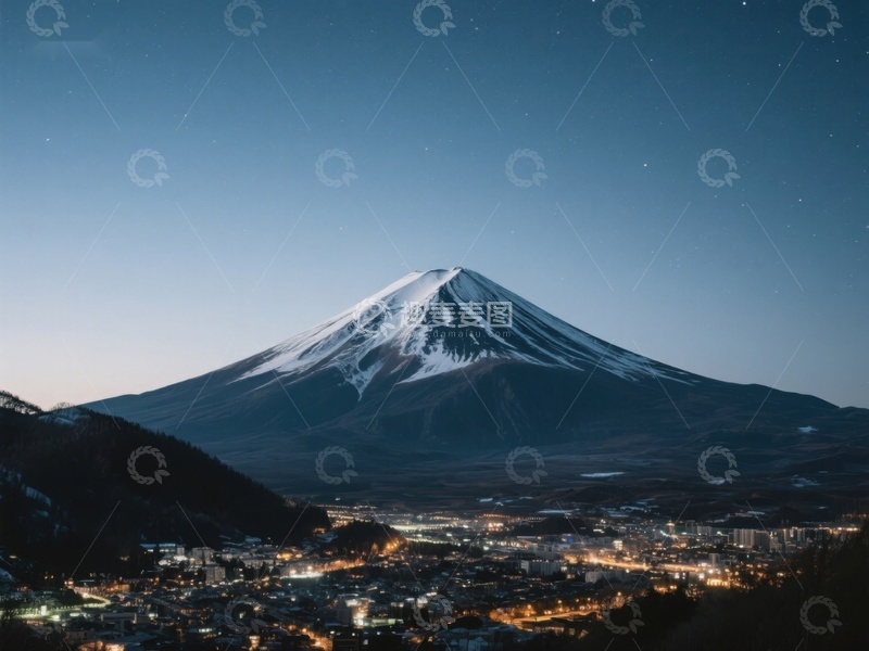 高清大图下载【趣麦麦图】夜幕下的雪山与灯火小镇