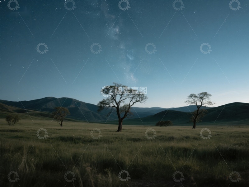 高清大图下载【趣麦麦图】星空下的草原与孤树