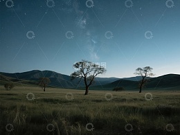 星空下的草原与孤树