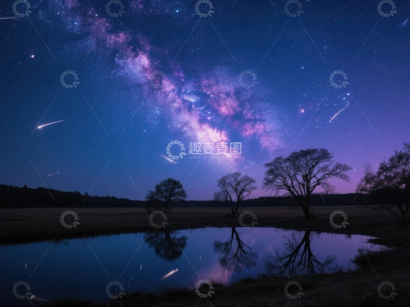 高清大图下载【趣麦麦图】银河映照湖面，夜空流星划过