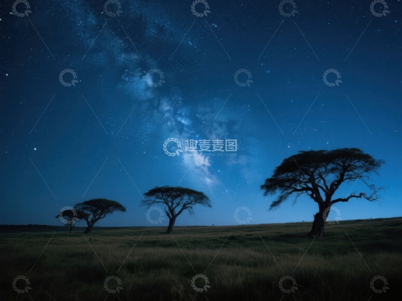 高清大图下载【趣麦麦图】星空下的草原与孤树