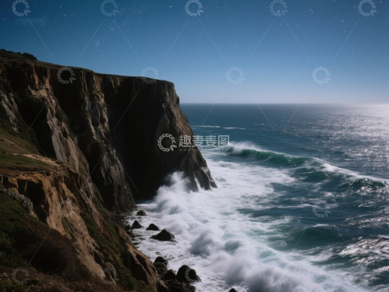 高清大图下载【趣麦麦图】夜幕下的海崖与波涛