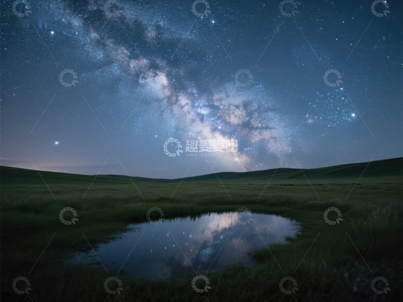 高清大图下载【趣麦麦图】夜空银河倒映池塘