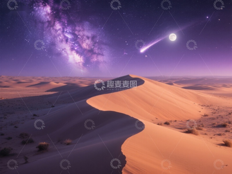 高清大图下载【趣麦麦图】沙漠夜景：银河与流星