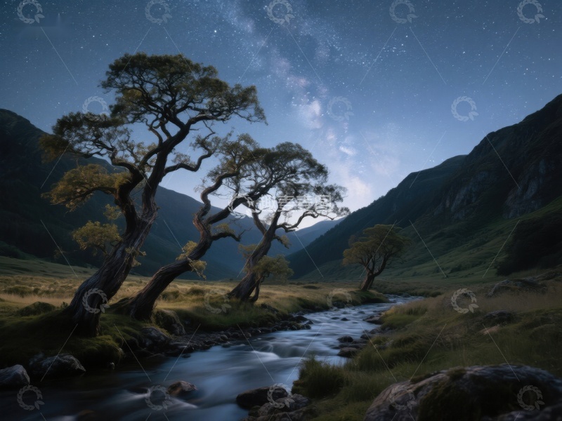 高清大图下载【趣麦麦图】夜空下的蜿蜒溪流与孤树
