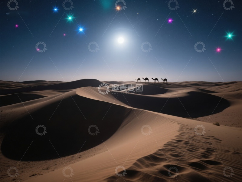 高清大图下载【趣麦麦图】星空下的沙漠驼队