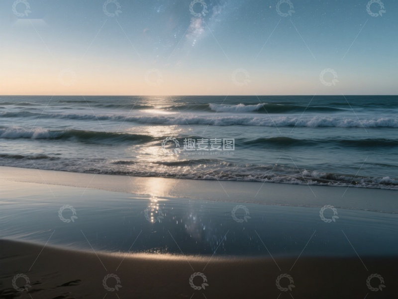 高清大图下载【趣麦麦图】日落海滩波光粼粼