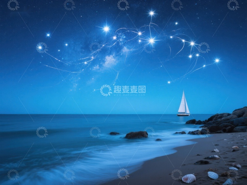 高清大图下载【趣麦麦图】夜空星辰下的帆船与海滩