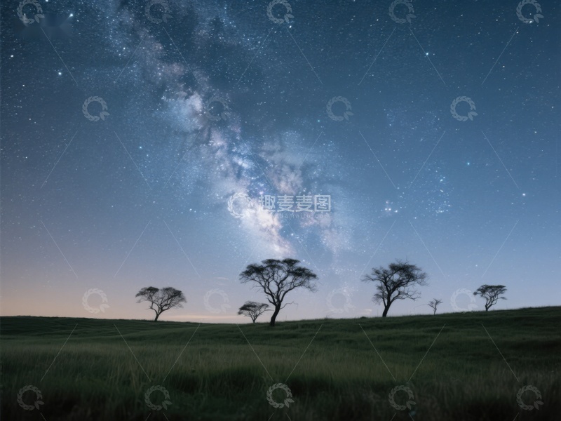 高清大图下载【趣麦麦图】银河横跨夜空，孤树点缀草原
