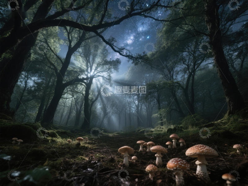 高清大图下载【趣麦麦图】神秘森林中的蘑菇与星光