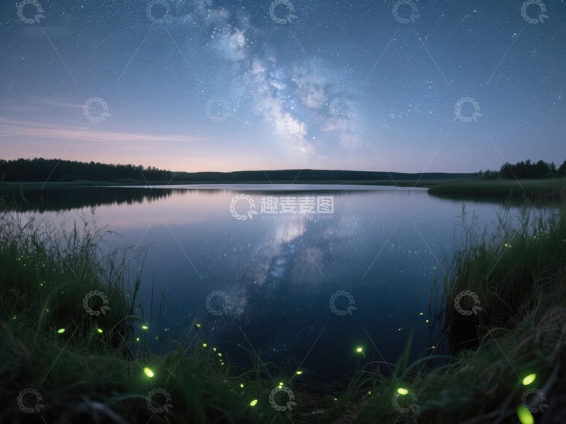 高清大图下载【趣麦麦图】夜空银河映湖面，萤火虫闪烁