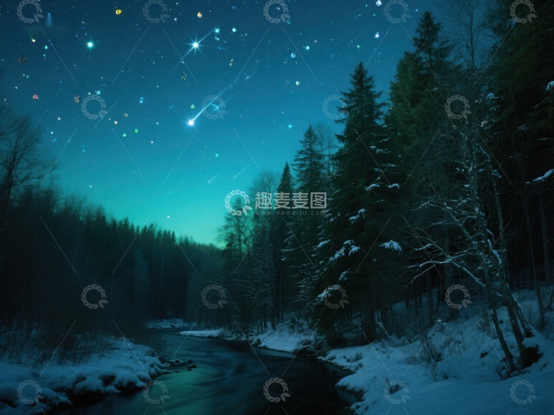 高清大图下载【趣麦麦图】冬夜森林流星雨