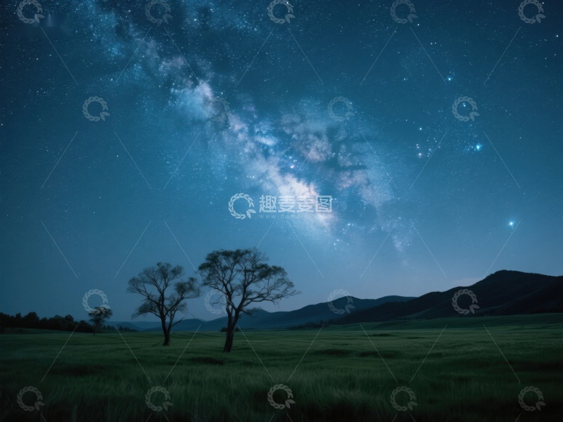 高清大图下载【趣麦麦图】夜空银河下的静谧草原