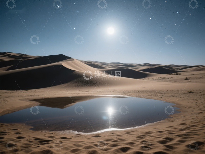 高清大图下载【趣麦麦图】沙漠月夜，水洼映月