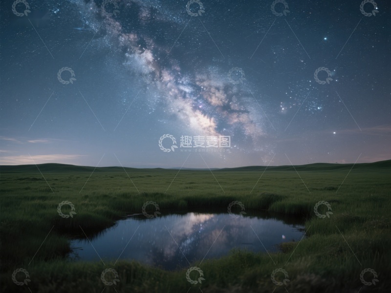 高清大图下载【趣麦麦图】银河映照池塘，草原夜空璀璨