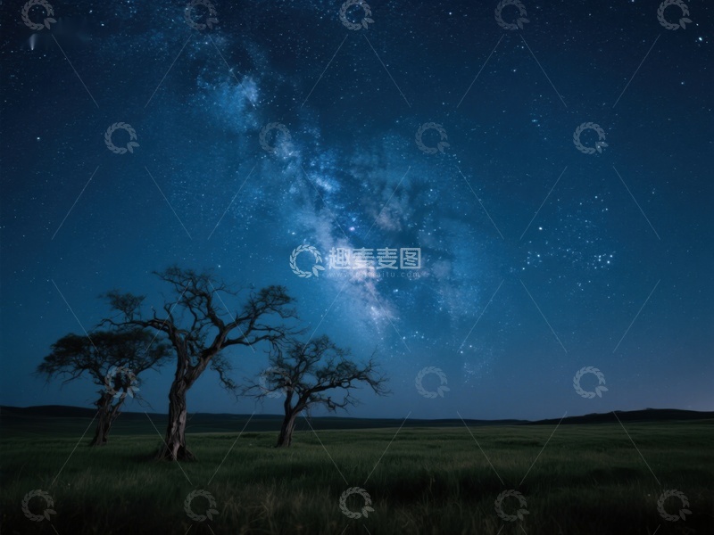 高清大图下载【趣麦麦图】夜空下的孤树与银河