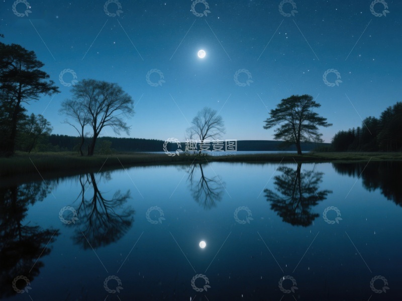 高清大图下载【趣麦麦图】月夜湖畔，树影婆娑