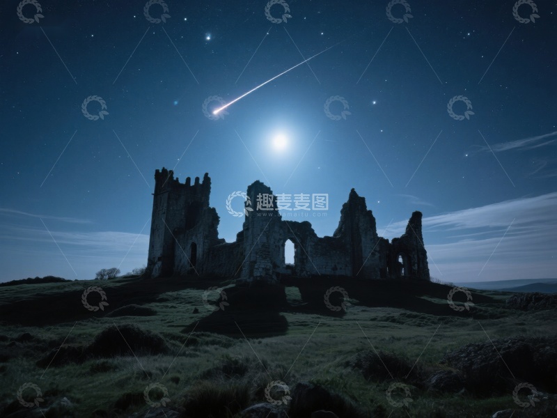 高清大图下载【趣麦麦图】夜空流星划过古堡遗迹