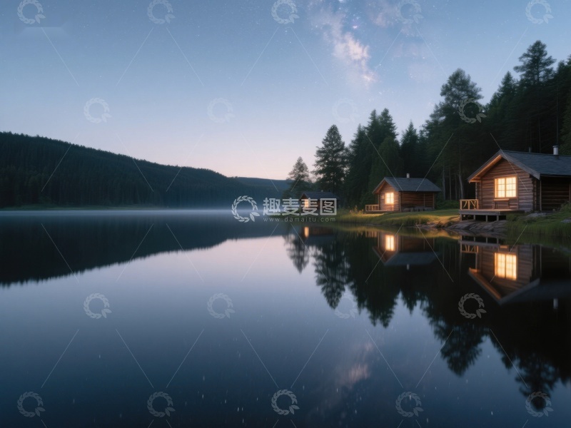 高清大图下载【趣麦麦图】湖畔静谧木屋夜景