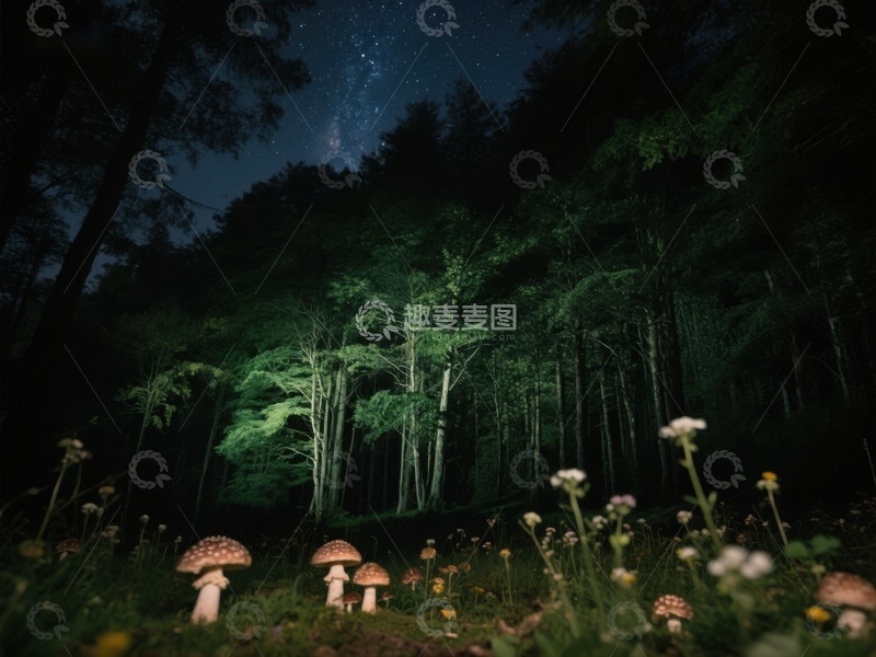 高清大图下载【趣麦麦图】夜空下的森林蘑菇