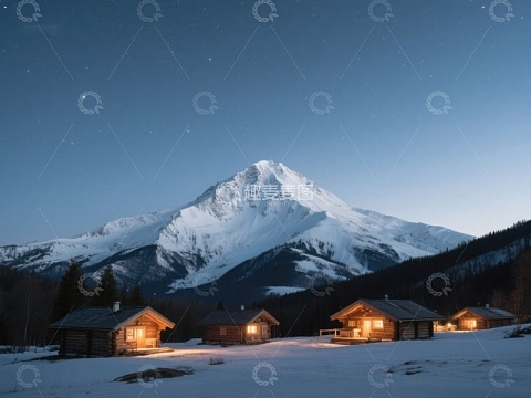 雪山脚下灯火通明的木屋