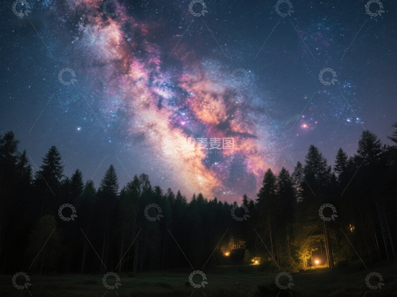 高清大图下载【趣麦麦图】夜空银河与森林剪影