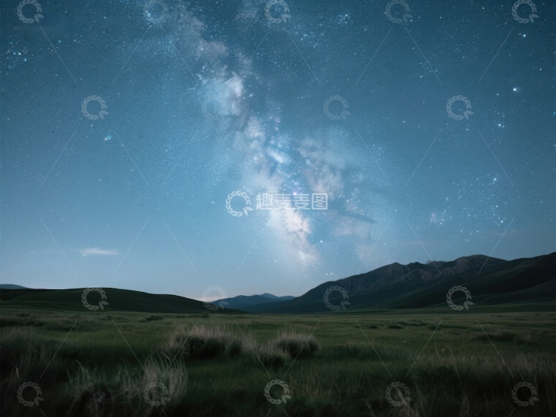 高清大图下载【趣麦麦图】银河横跨夜空，草原静谧无垠