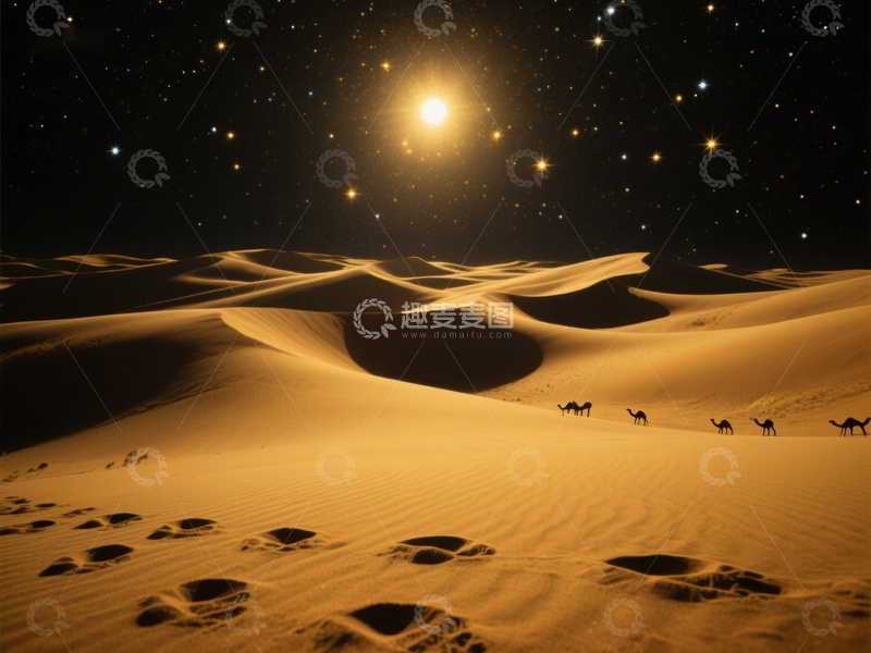 高清大图下载【趣麦麦图】星空下的沙漠驼队