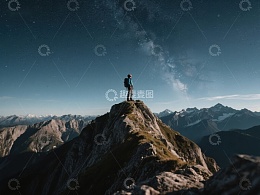 夜空下山巅的孤独旅人