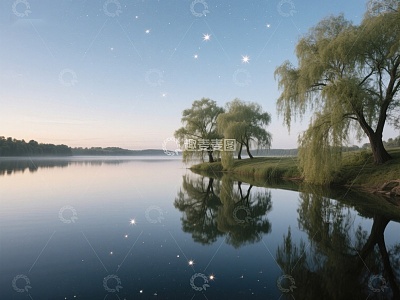 湖畔夜景，星光与柳树倒影