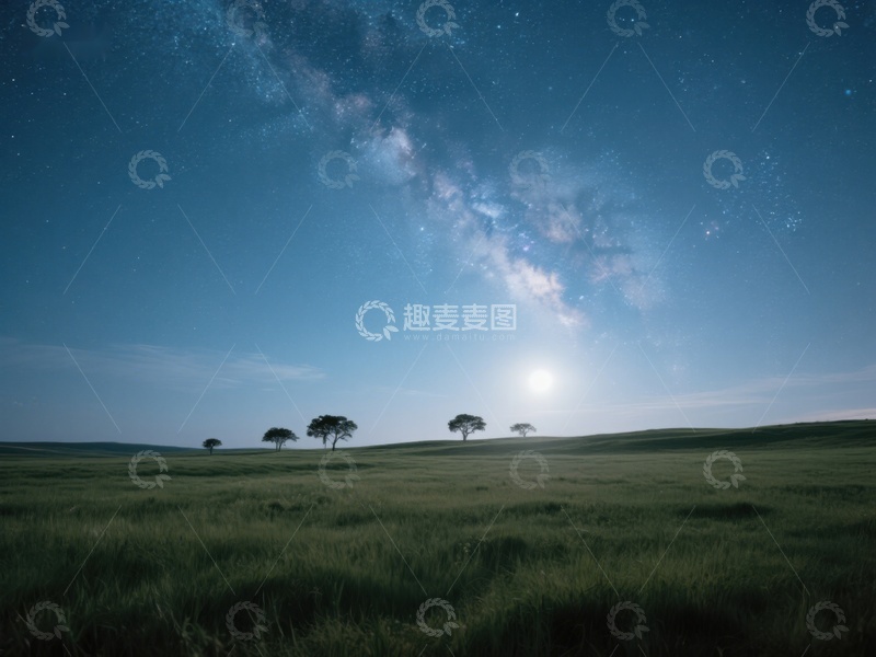 高清大图下载【趣麦麦图】夜空下的草原与银河
