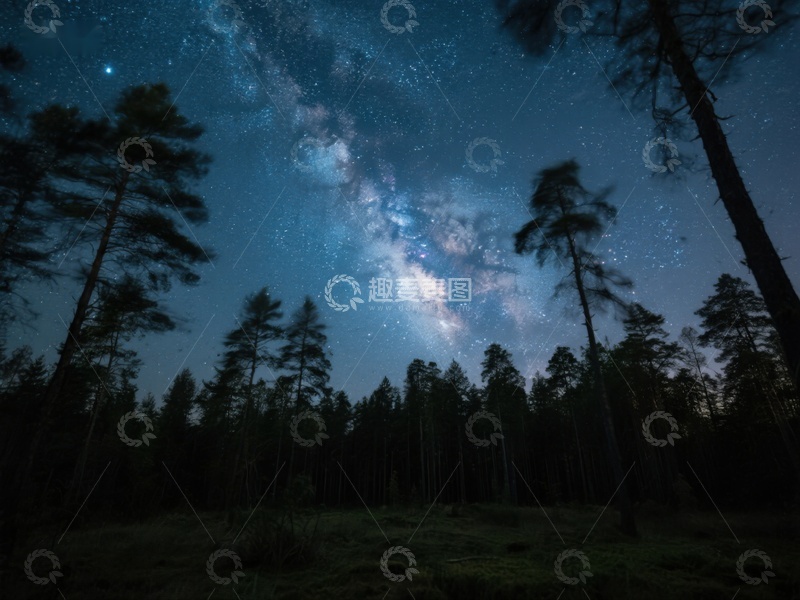 高清大图下载【趣麦麦图】夜空下的森林与银河
