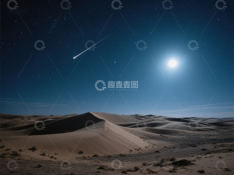 高清大图下载【趣麦麦图】沙漠夜景：流星划过，明月高悬