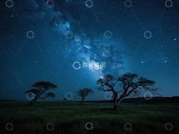 夜空下的孤树与银河
