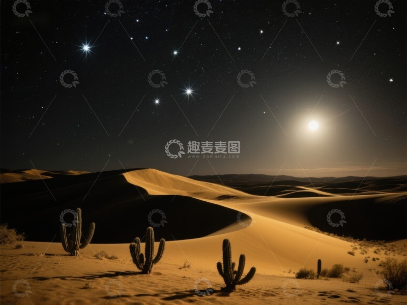 高清大图下载【趣麦麦图】夜空下的沙漠与仙人掌