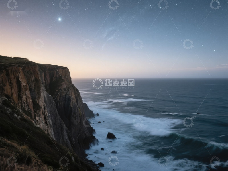 高清大图下载【趣麦麦图】夜幕下的悬崖与海浪