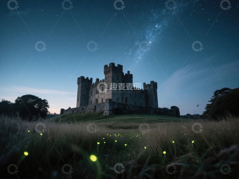 高清大图下载【趣麦麦图】夜幕下的古堡与萤火虫