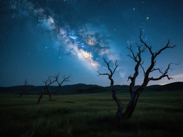 夜空下的枯树与银河