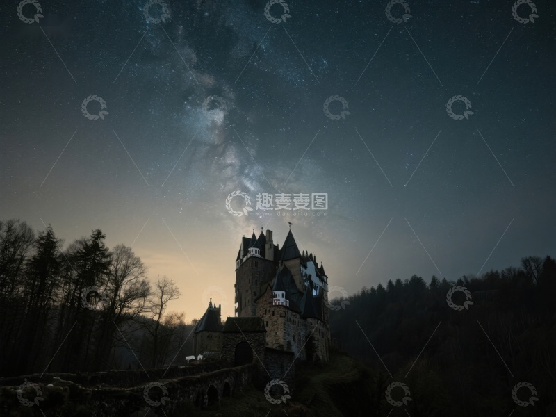 高清大图下载【趣麦麦图】夜空下的古堡与银河