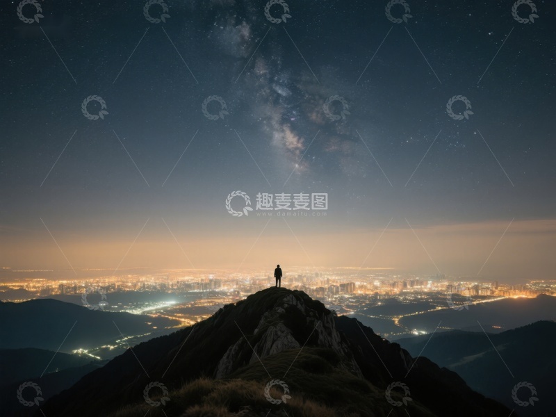 高清大图下载【趣麦麦图】山顶夜景，一人仰望星空