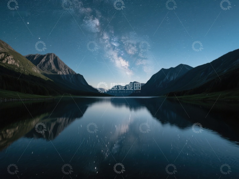 高清大图下载【趣麦麦图】夜空银河映照湖面山峦