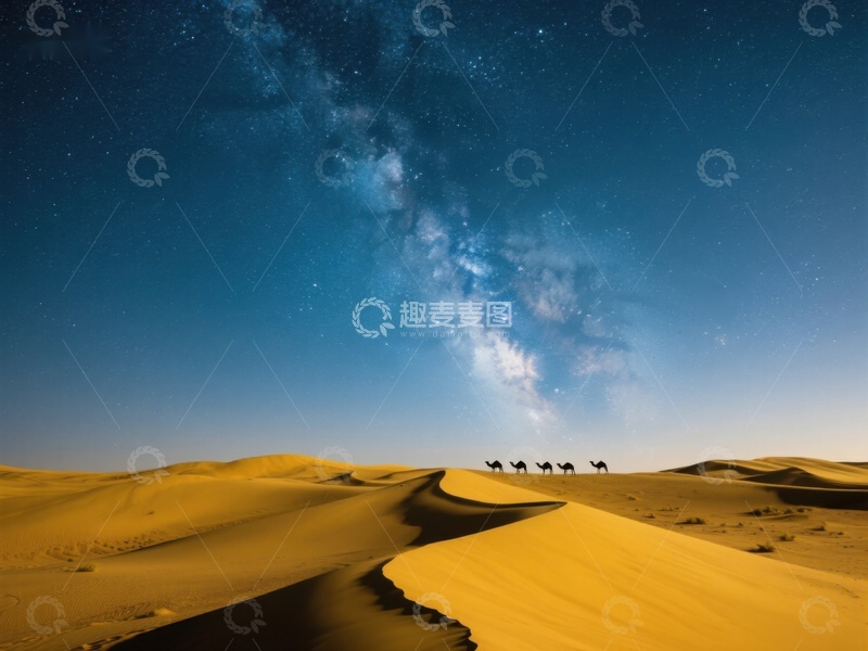 高清大图下载【趣麦麦图】沙漠夜景：星空下的骆驼队