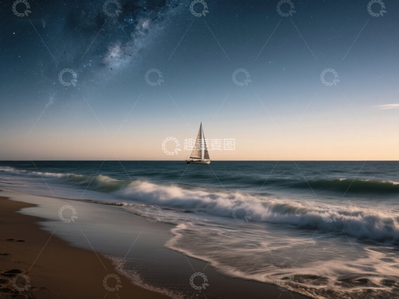 高清大图下载【趣麦麦图】夜幕下的帆船与海滩