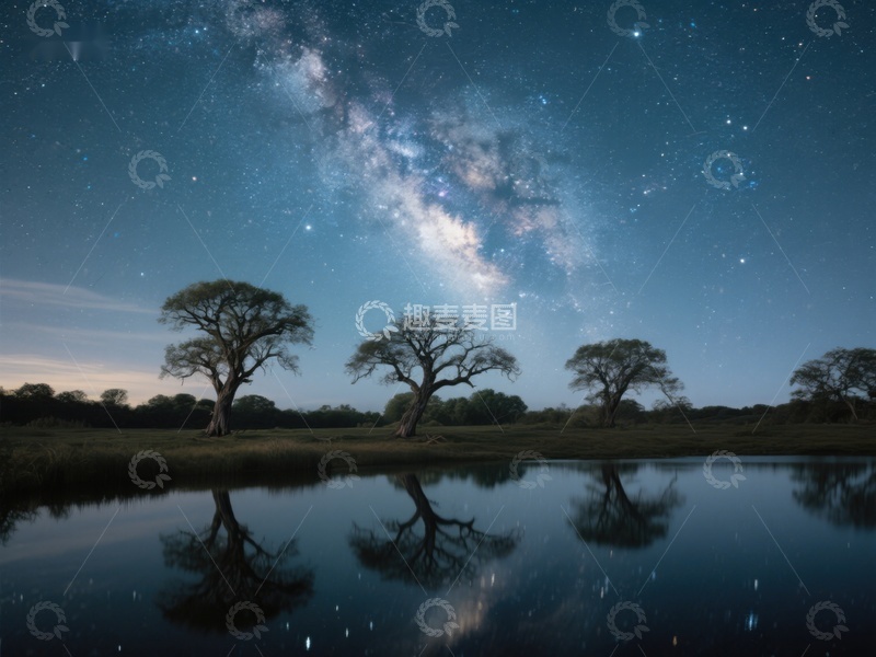 高清大图下载【趣麦麦图】银河映照湖面，树影婆娑夜景