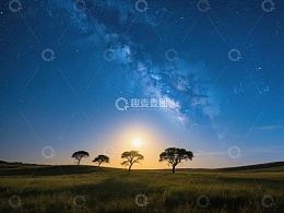 星空下的草原与孤树