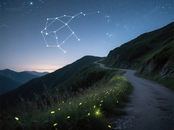 夜空星辰与萤火虫点缀的山间小径