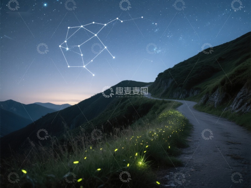 高清大图下载【趣麦麦图】-夜空星辰与萤火虫点缀的山间小径
