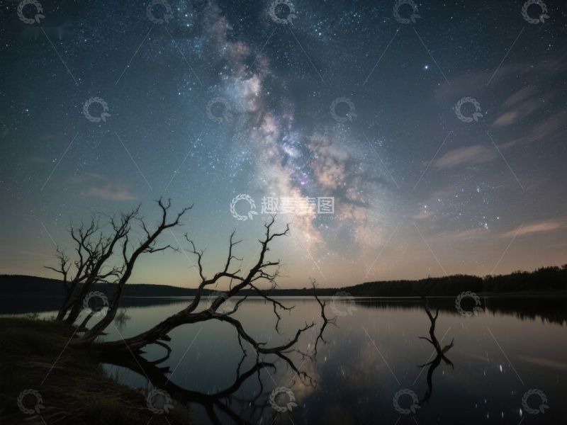 高清大图下载【趣麦麦图】银河映照湖面，枯树静谧夜景