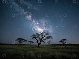 星空下的草原与孤树
