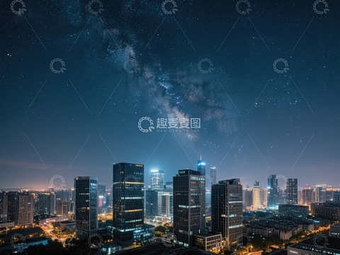 夜空银河下的城市剪影